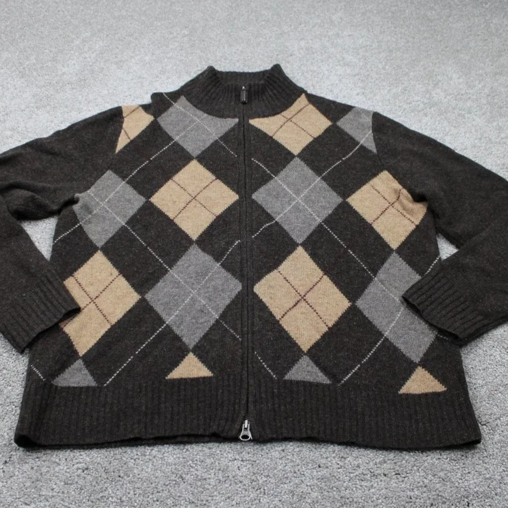 J. Crew Lambswool Sweater Mens Large‎ Brown/Tan Argyle Full Zip L/S Sweatshirt